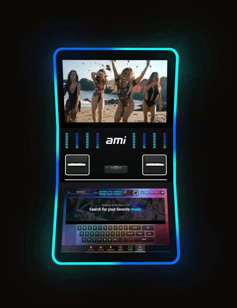 AMI NGX Curve wall-mount jukebox — dual 18.5 inch HD screens, arc RGB frame